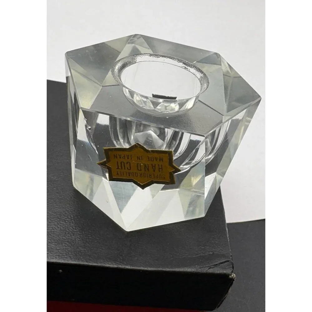 (2) Japan Faceted Crystal Hexagon Candle Holders With Original Box